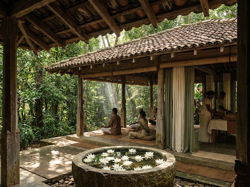 Warm medicated herbal oil poured into an antique carved bronze bowl surrounded by fresh botanical ingredients at Oak Ray Prana